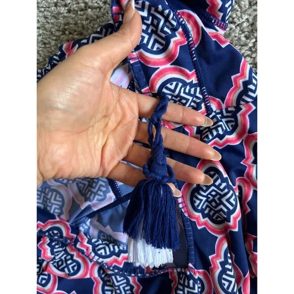 Cabana Life Women's  Sz S Hooded Tunic Cover-Up Dress Navy Pink Print W/ Tassels - Picture 8 of 12
